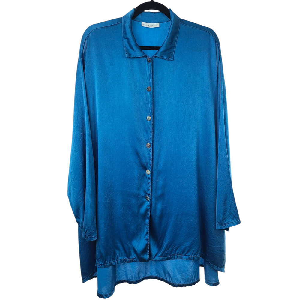 Bryn Walker Blue Silk Oversized Shirt Long Sleeve Button Up Tunic Top Size M
